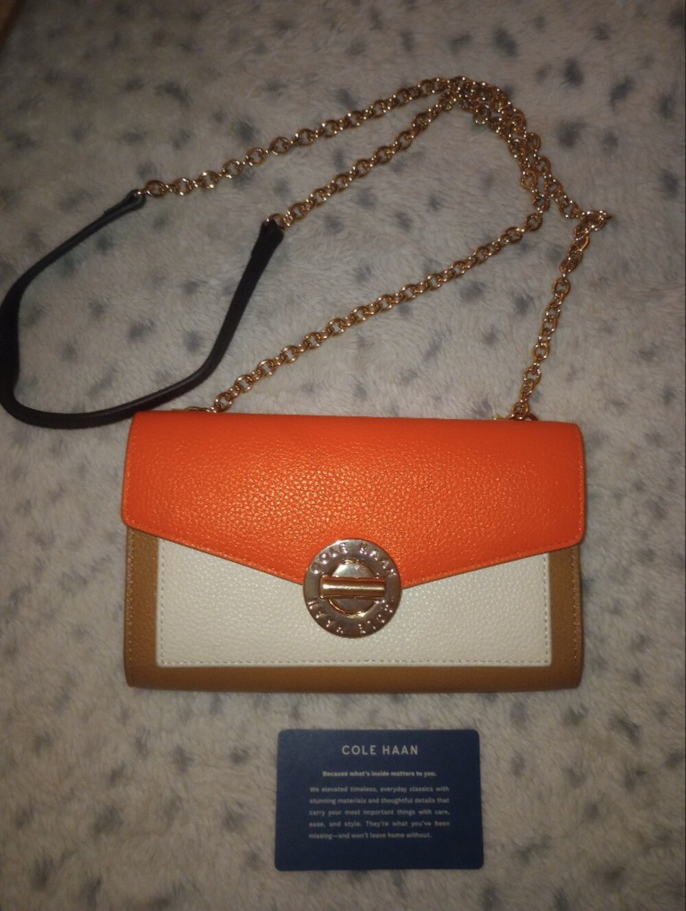 Cole Haan Turnlock Orange,Cream And Brown Crossbody